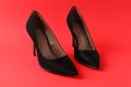 Pair of elegant black high heel shoes on red background Royalty Free Stock Photo