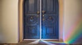 Dark Blue Double Doors Ajar With Light Rainbow on Floor in Sunlight Royalty Free Stock Photo