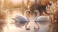 A pair of elegant swans gliding gracefully across a tranquil lake Royalty Free Stock Photo