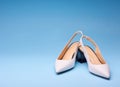 A pair of elegant white pointed-toe female shoes with an open back and black flare heels on a gradient blue background. Stylish Royalty Free Stock Photo