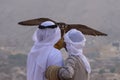 A pair of Emirati falconers hold a peregrine falcon  Falco peregrinus in the United Arab Emirates UAE a culture and tradition Royalty Free Stock Photo