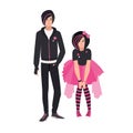 Pair of emo kids. Young man and woman dressed in black clothes. Stylish couple or emocore fans. Cute male and female Royalty Free Stock Photo