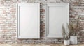 Pair of empty white frames displayed on brick wall mockup for interior design inspiration Royalty Free Stock Photo