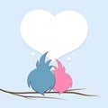 A pair of enamored birds on a tree branch against the background of the heart Creative Valentine`s Day poster template