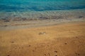 A pair of Euro coins in the sand like a backdrop or wallpaper. Shallow depth of field. In the background, a washed-out sea with Royalty Free Stock Photo