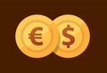 Pair Euro - Dollar - vector icon with golden coins in flat style. Royalty Free Stock Photo