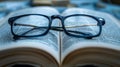 a pair of eyeglasses with dictionary book in library. Education Advertisement concept Royalty Free Stock Photo