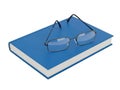 A pair of eyeglasses resting on a closed blue book Royalty Free Stock Photo