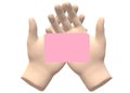 A pair of fair skinned human hands holding on to a blank pink card