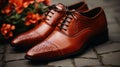 Pair of fashionable brown leather mens boots, trendy male footwear for stylish outfit