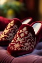 A pair of fashionable velvet slippers with intricate ethnic pattern.