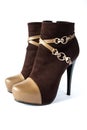 Pair of fasionable brown susede women boots with high heels