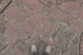 Pair of feet in canvas shoes on old stones sidewalk Royalty Free Stock Photo