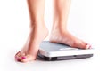 A pair of female feet on a bathroom scale Royalty Free Stock Photo