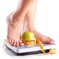 A pair of female feet standing on a bathroom scale with green ap Royalty Free Stock Photo