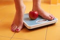 A pair of female feet standing on a bathroom scale Royalty Free Stock Photo