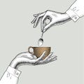 Pair of female hands with a coffee cup and spoon