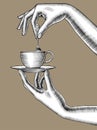 Pair of female hands with a coffee cup and spoon