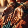 Pair of female hands that have been painted with henna tattoo patterns