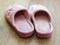 Pair of female house slippers on a brown wooden floor. Cozy, warm and comfortable pink domestic shoes Royalty Free Stock Photo