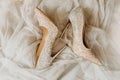 Pair female pointy-nosed gold shining holiday shoes on beige tulle fabric, holiday layout, selective focus