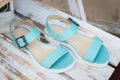 Pair of female summer blue sandals. Concept art women's shoes. style footwear.