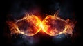 a pair of fireballs are shown in the middle of a dark background with smoke and flames around them, forming a pair of two