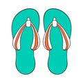 Pair of flip flops in cartoon style top view. Summer time slippers for male and female, shoes design green and orange Royalty Free Stock Photo