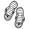 Pair of flip flops, summer time vacation attribute, slippers, shoes, sketch style vector black and white illustration Royalty Free Stock Photo