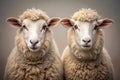 A pair of fluffy sheep facing forward, their eyes meeting the camera directly. Generative AI Royalty Free Stock Photo