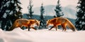 pair of foxes playing in the snow, with pine trees and a mountain range in the background. Generative AI