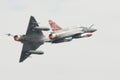 A pair of French Air Force Mirage 2000 display team break away