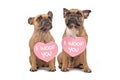 Pair of French Bulldog dogs with Valentine's Day hearts with text 'I woof you' around necks on white background