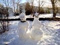 A pair of funny decorated snowmen, man and woman in a snow-covered Park.