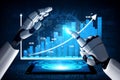 Futuristic Robotic Hands Analyzing Data Trends on Digital Tablet with Graphs and Statistics Representing Growth and Royalty Free Stock Photo