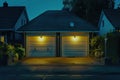 A pair of garage doors illuminated at night, possibly with motion sensors or lights installed Royalty Free Stock Photo