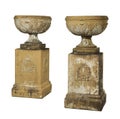 Pair garden terracotta old antique urns on plynths Royalty Free Stock Photo