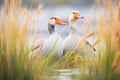 pair of geese watching over a nest in tall grass