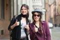 Pair of girlfriends on holiday in Bologna Royalty Free Stock Photo