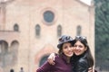 Pair of girlfriends on holiday in Bologna Royalty Free Stock Photo