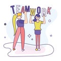 Pair of girls holding a text Teamwork concept Vector