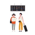 Pair of girls with map and suitcase waiting at airport terminal. Young female tourists with luggage. Travellers with