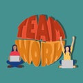 Pair of girls working together via internet Teamwork concept Vector