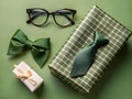 A pair of glasses, a bow tie, and a gift box placed on a green background Royalty Free Stock Photo