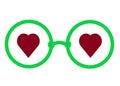 A pair of glasses with bright green round frame and maroon hearts as the eyes white backdrop