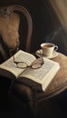 A pair of glasses on an open book beside an empty chair and cold tea, evoking solitude and longing Royalty Free Stock Photo