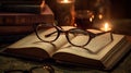 a pair of glasses resting on an open book on a table next to a candle and some glasses on a table with a candlelight in the Royalty Free Stock Photo