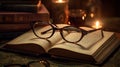 a pair of glasses resting on an open book on a table next to a candle and some glasses on a table with a candlelight in the