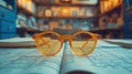 a pair of glasses resting on top of an open book