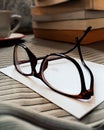 A pair of glasses, a stack of books and a cup of coffee Royalty Free Stock Photo